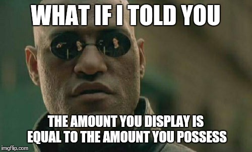 Matrix Morpheus Meme | WHAT IF I TOLD YOU THE AMOUNT YOU DISPLAY IS EQUAL TO THE AMOUNT YOU POSSESS | image tagged in memes,matrix morpheus | made w/ Imgflip meme maker