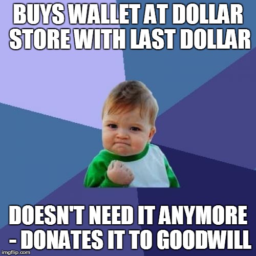 Success Kid Meme | BUYS WALLET AT DOLLAR STORE WITH LAST DOLLAR DOESN'T NEED IT ANYMORE - DONATES IT TO GOODWILL | image tagged in memes,success kid | made w/ Imgflip meme maker