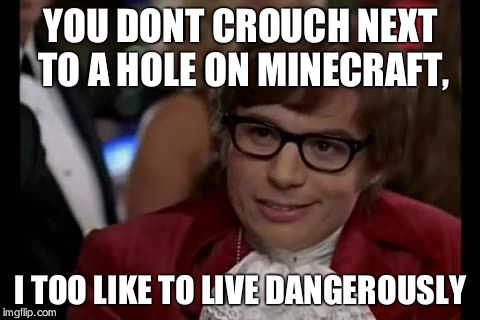 I Too Like To Live Dangerously | YOU DONT CROUCH NEXT TO A HOLE ON MINECRAFT, I TOO LIKE TO LIVE DANGEROUSLY | image tagged in memes,i too like to live dangerously | made w/ Imgflip meme maker