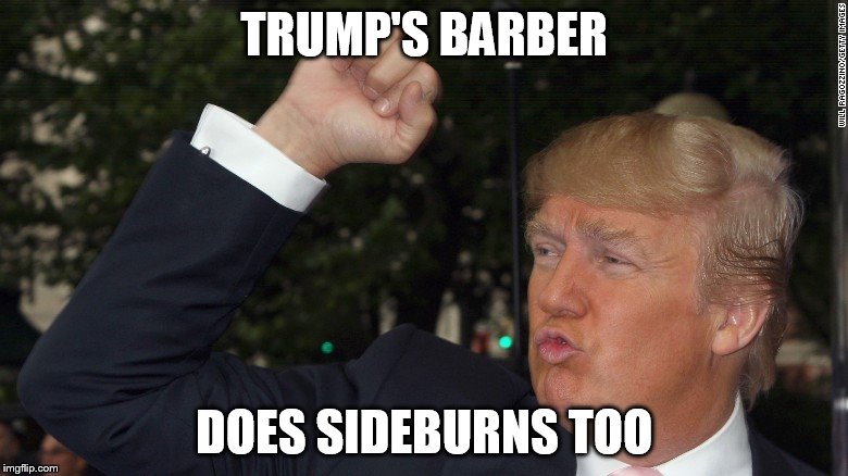 Hair skillz | TRUMP'S BARBER DOES SIDEBURNS TOO | image tagged in trump | made w/ Imgflip meme maker