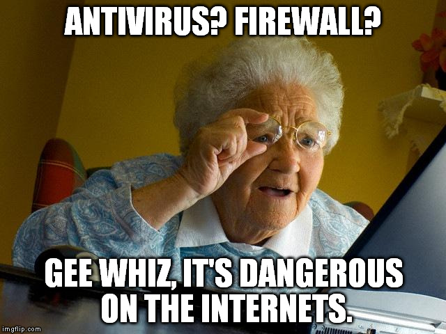 It's a dangerous place grandma... | ANTIVIRUS? FIREWALL? GEE WHIZ, IT'S DANGEROUS ON THE INTERNETS. | image tagged in memes,grandma finds the internet | made w/ Imgflip meme maker