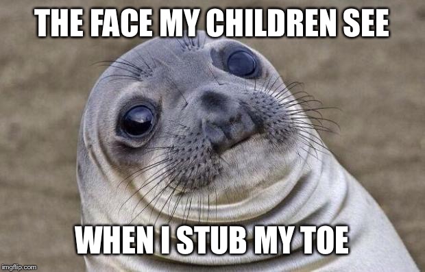 Awkward Moment Sealion | THE FACE MY CHILDREN SEE WHEN I STUB MY TOE | image tagged in memes,awkward moment sealion | made w/ Imgflip meme maker