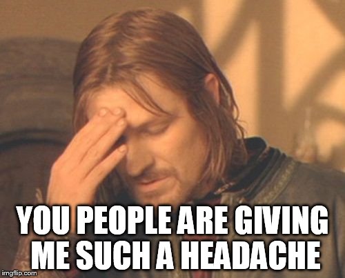 Frustrated Boromir Meme | YOU PEOPLE ARE GIVING ME SUCH A HEADACHE | image tagged in memes,frustrated boromir | made w/ Imgflip meme maker