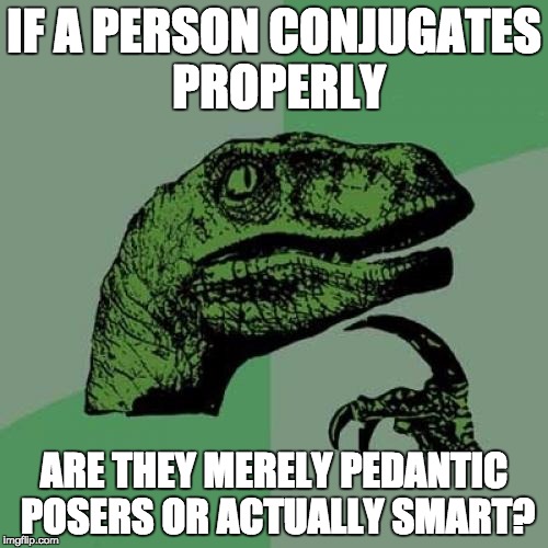 Philosoraptor | IF A PERSON CONJUGATES PROPERLY ARE THEY MERELY PEDANTIC POSERS OR ACTUALLY SMART? | image tagged in memes,philosoraptor | made w/ Imgflip meme maker