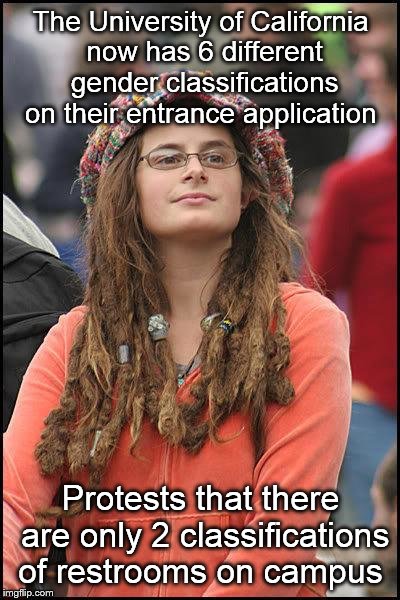 Restroom dilemma  | The University of California now has 6 different gender classifications on their entrance application Protests that there are only 2 classif | image tagged in liberal college girl | made w/ Imgflip meme maker