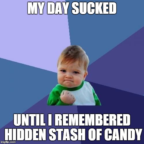 Success Kid Meme | MY DAY SUCKED UNTIL I REMEMBERED HIDDEN STASH OF CANDY | image tagged in memes,success kid | made w/ Imgflip meme maker