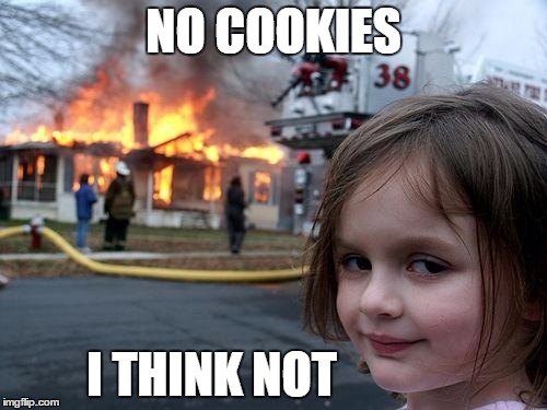 cookie girl | NO COOKIES I THINK NOT | image tagged in memes,disaster girl,cookies | made w/ Imgflip meme maker