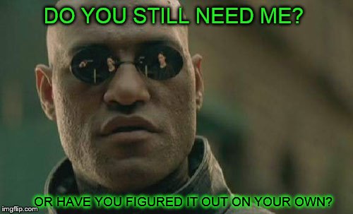Matrix Morpheus | DO YOU STILL NEED ME? OR HAVE YOU FIGURED IT OUT ON YOUR OWN? | image tagged in memes,matrix morpheus | made w/ Imgflip meme maker