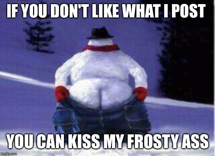 IF YOU DON'T LIKE WHAT I POST YOU CAN KISS MY FROSTY ASS | image tagged in snow man | made w/ Imgflip meme maker