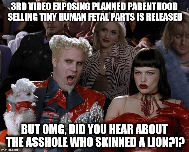 Mugatu So Hot Right Now | 3RD VIDEO EXPOSING PLANNED PARENTHOOD SELLING TINY HUMAN FETAL PARTS IS RELEASED BUT OMG, DID YOU HEAR ABOUT THE ASSHOLE WHO SKINNED A LION? | image tagged in memes,mugatu so hot right now | made w/ Imgflip meme maker
