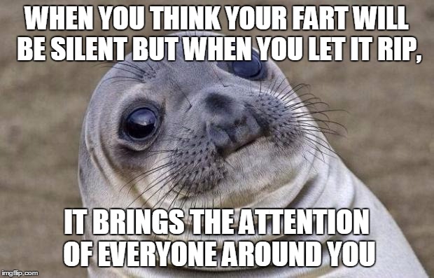 Awkward Moment Sealion | WHEN YOU THINK YOUR FART WILL BE SILENT BUT WHEN YOU LET IT RIP, IT BRINGS THE ATTENTION OF EVERYONE AROUND YOU | image tagged in memes,awkward moment sealion | made w/ Imgflip meme maker
