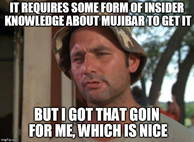 So I Got That Goin For Me Which Is Nice Meme | IT REQUIRES SOME FORM OF INSIDER KNOWLEDGE ABOUT MUJIBAR TO GET IT BUT I GOT THAT GOIN FOR ME, WHICH IS NICE | image tagged in memes,so i got that goin for me which is nice | made w/ Imgflip meme maker