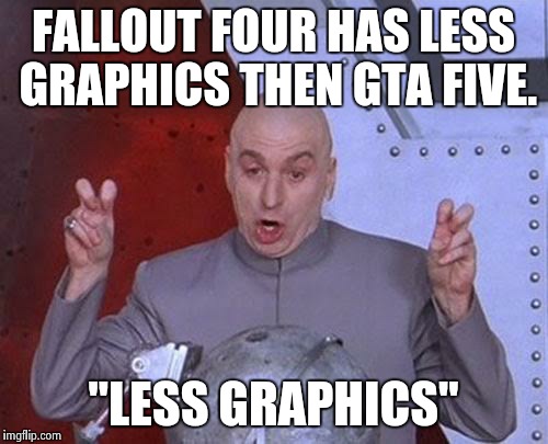 Dr Evil Laser | FALLOUT FOUR HAS LESS GRAPHICS THEN GTA FIVE. "LESS GRAPHICS" | image tagged in memes,dr evil laser | made w/ Imgflip meme maker