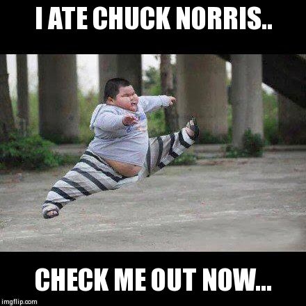 Fat kid jump kick | I ATE CHUCK NORRIS.. CHECK ME OUT NOW... | image tagged in fat kid jump kick | made w/ Imgflip meme maker