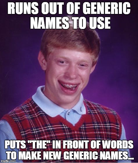 Bad Luck Brian Meme | RUNS OUT OF GENERIC NAMES TO USE PUTS "THE" IN FRONT OF WORDS TO MAKE NEW GENERIC NAMES... | image tagged in memes,bad luck brian | made w/ Imgflip meme maker