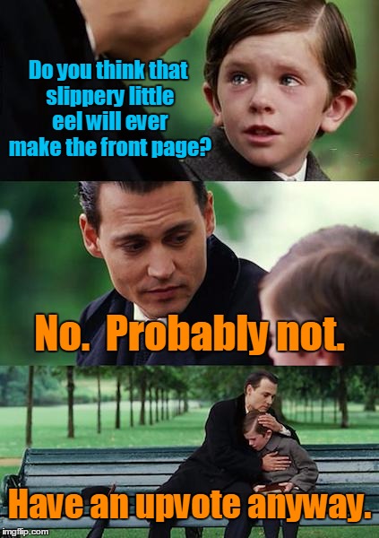 Finding Neverland Meme | Do you think that slippery little eel will ever make the front page? No.  Probably not. Have an upvote anyway. | image tagged in memes,finding neverland | made w/ Imgflip meme maker