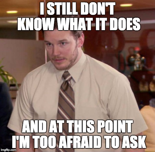 Afraid To Ask Andy Meme | I STILL DON'T KNOW WHAT IT DOES AND AT THIS POINT I'M TOO AFRAID TO ASK | image tagged in and at this point i am to afraid to ask,AdviceAnimals | made w/ Imgflip meme maker