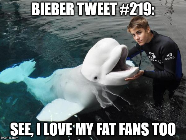 Justin Bieber Dolphin | BIEBER TWEET #219: SEE, I LOVE MY FAT FANS TOO | image tagged in justin bieber dolphin | made w/ Imgflip meme maker