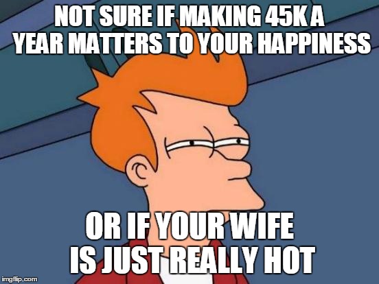 Futurama Fry Meme | NOT SURE IF MAKING 45K A YEAR MATTERS TO YOUR HAPPINESS OR IF YOUR WIFE IS JUST REALLY HOT | image tagged in memes,futurama fry | made w/ Imgflip meme maker