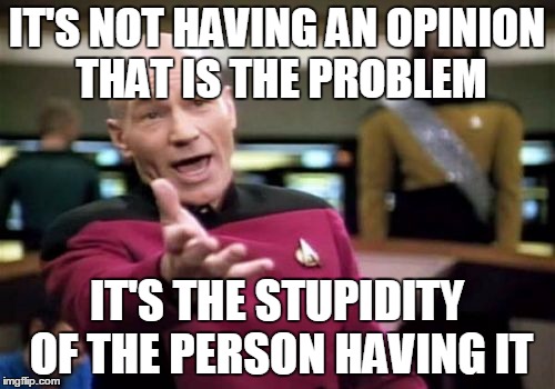 Picard Wtf Meme | IT'S NOT HAVING AN OPINION THAT IS THE PROBLEM IT'S THE STUPIDITY OF THE PERSON HAVING IT | image tagged in memes,picard wtf | made w/ Imgflip meme maker