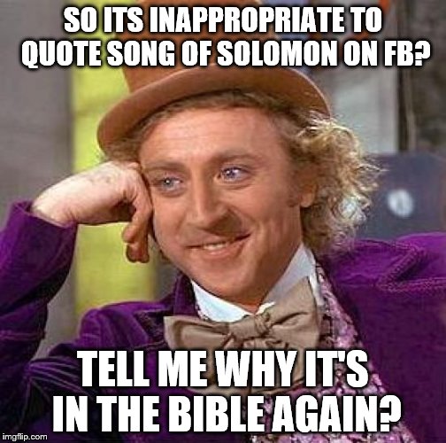 Creepy Condescending Wonka | SO ITS INAPPROPRIATE TO QUOTE SONG OF SOLOMON ON FB? TELL ME WHY IT'S IN THE BIBLE AGAIN? | image tagged in memes,creepy condescending wonka | made w/ Imgflip meme maker