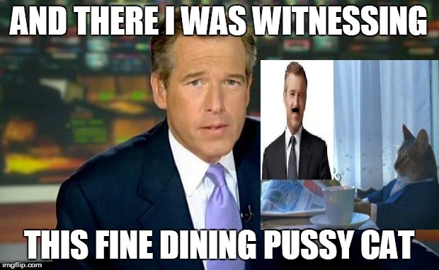 Brian Williams Was There Meme | AND THERE I WAS WITNESSING THIS FINE DINING PUSSY CAT | image tagged in memes,brian williams was there | made w/ Imgflip meme maker