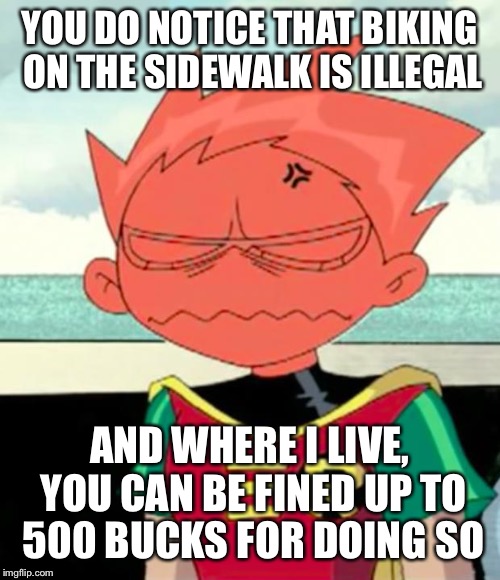 Really...? | YOU DO NOTICE THAT BIKING ON THE SIDEWALK IS ILLEGAL AND WHERE I LIVE, YOU CAN BE FINED UP TO 500 BUCKS FOR DOING SO | image tagged in really | made w/ Imgflip meme maker