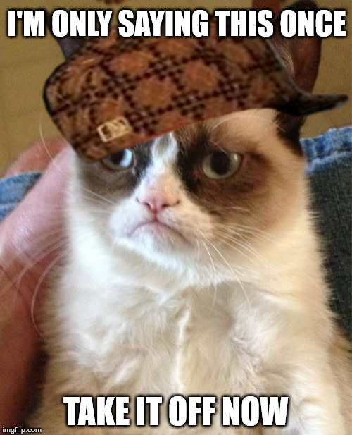 Take What Off Grumpy Cat? | I'M ONLY SAYING THIS ONCE TAKE IT OFF NOW | image tagged in memes,grumpy cat,scumbag | made w/ Imgflip meme maker