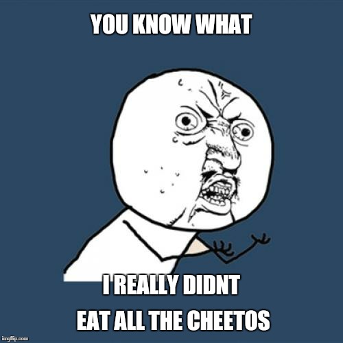 Y U No Meme | YOU KNOW WHAT I REALLY DIDNT EAT ALL THE CHEETOS | image tagged in food,funny,eating,liar | made w/ Imgflip meme maker