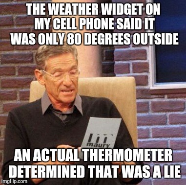 Maury Lie Detector Meme | THE WEATHER WIDGET ON MY CELL PHONE SAID IT WAS ONLY 80 DEGREES OUTSIDE AN ACTUAL THERMOMETER DETERMINED THAT WAS A LIE | image tagged in memes,maury lie detector | made w/ Imgflip meme maker