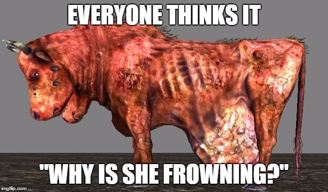 Futuristic Cow | EVERYONE THINKS IT "WHY IS SHE FROWNING?" | image tagged in fallout cow,gaming | made w/ Imgflip meme maker
