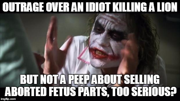 And everybody loses their minds | OUTRAGE OVER AN IDIOT KILLING A LION BUT NOT A PEEP ABOUT SELLING ABORTED FETUS PARTS, TOO SERIOUS? | image tagged in memes,and everybody loses their minds | made w/ Imgflip meme maker