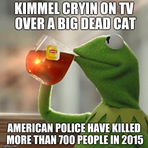 700 people < big cat | KIMMEL CRYIN ON TV OVER A BIG DEAD CAT AMERICAN POLICE HAVE KILLED MORE THAN 700 PEOPLE IN 2015 | image tagged in memes,but thats none of my business,kermit the frog | made w/ Imgflip meme maker