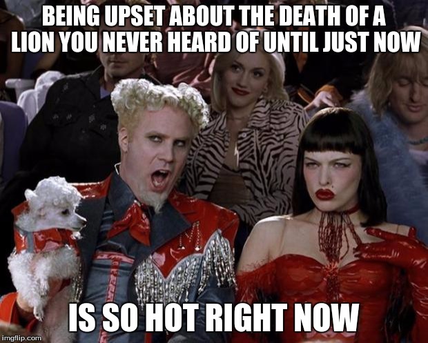 Mugatu So Hot Right Now | BEING UPSET ABOUT THE DEATH OF A LION YOU NEVER HEARD OF UNTIL JUST NOW IS SO HOT RIGHT NOW | image tagged in memes,mugatu so hot right now | made w/ Imgflip meme maker