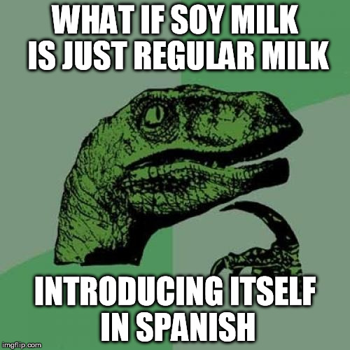 Philosoraptor Meme | WHAT IF SOY MILK IS JUST REGULAR MILK INTRODUCING ITSELF IN SPANISH | image tagged in memes,philosoraptor | made w/ Imgflip meme maker