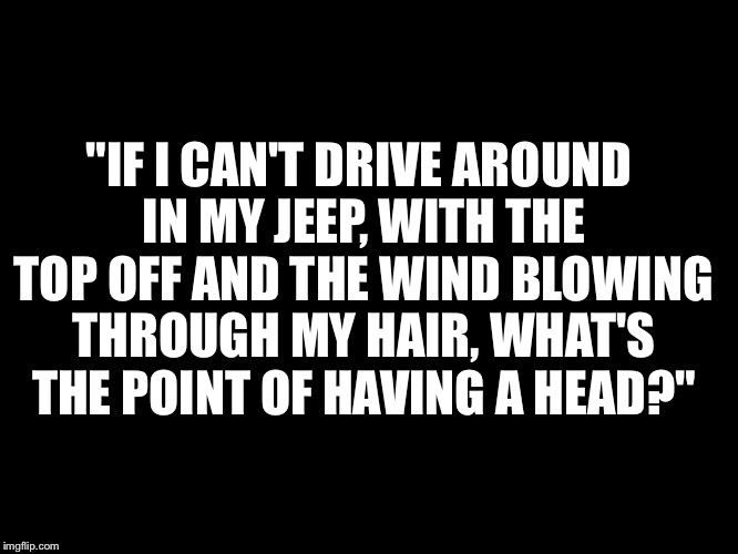 "IF I CAN'T DRIVE AROUND IN MY JEEP, WITH THE TOP OFF AND THE WIND BLOWING THROUGH MY HAIR, WHAT'S THE POINT OF HAVING A HEAD?" | image tagged in black | made w/ Imgflip meme maker