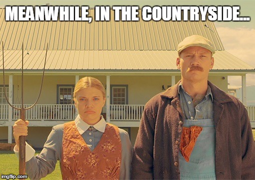 The Countryside | MEANWHILE, IN THE COUNTRYSIDE... | image tagged in country folk,farm,farmer | made w/ Imgflip meme maker