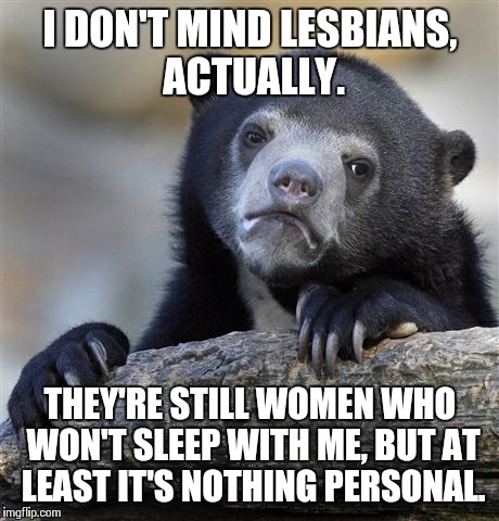 Lesbians Are My Friend | I DON'T MIND LESBIANS, ACTUALLY. THEY'RE STILL WOMEN WHO WON'T SLEEP WITH ME, BUT AT LEAST IT'S NOTHING PERSONAL. | image tagged in memes,confession bear | made w/ Imgflip meme maker