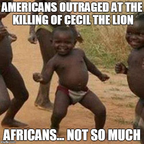 Third World Success Kid | AMERICANS OUTRAGED AT THE KILLING OF CECIL THE LION AFRICANS... NOT SO MUCH | image tagged in memes,third world success kid | made w/ Imgflip meme maker