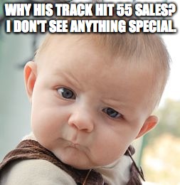Skeptical Baby Meme | WHY HIS TRACK HIT 55 SALES? I DON'T SEE ANYTHING SPECIAL. | image tagged in memes,skeptical baby | made w/ Imgflip meme maker