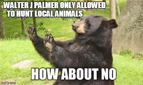 Walter J Palmer Hunter? | WALTER J PALMER ONLY ALLOWED TO HUNT LOCAL ANIMALS | image tagged in memes,how about no bear,hunting,hunter | made w/ Imgflip meme maker