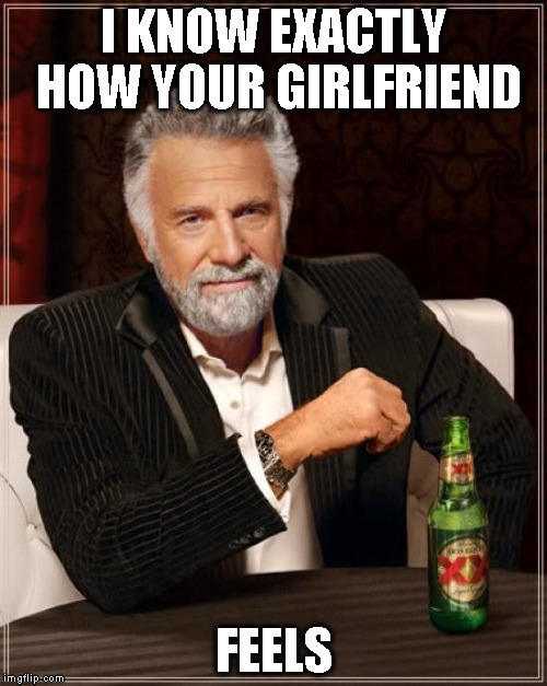 The Most Interesting Man In The World | I KNOW EXACTLY HOW YOUR GIRLFRIEND FEELS | image tagged in memes,the most interesting man in the world | made w/ Imgflip meme maker