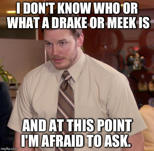 Afraid To Ask Andy | I DON'T KNOW WHO OR WHAT A DRAKE OR MEEK IS AND AT THIS POINT I'M AFRAID TO ASK. | image tagged in memes,afraid to ask andy | made w/ Imgflip meme maker