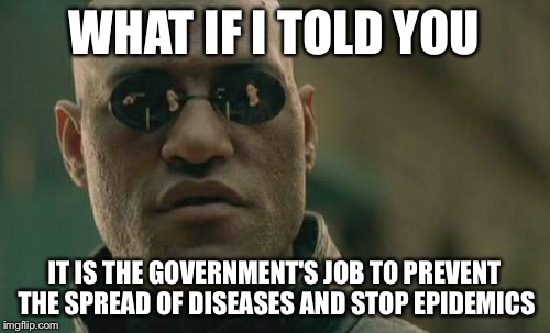 Matrix Morpheus Meme | WHAT IF I TOLD YOU IT IS THE GOVERNMENT'S JOB TO PREVENT THE SPREAD OF DISEASES AND STOP EPIDEMICS | image tagged in memes,matrix morpheus | made w/ Imgflip meme maker