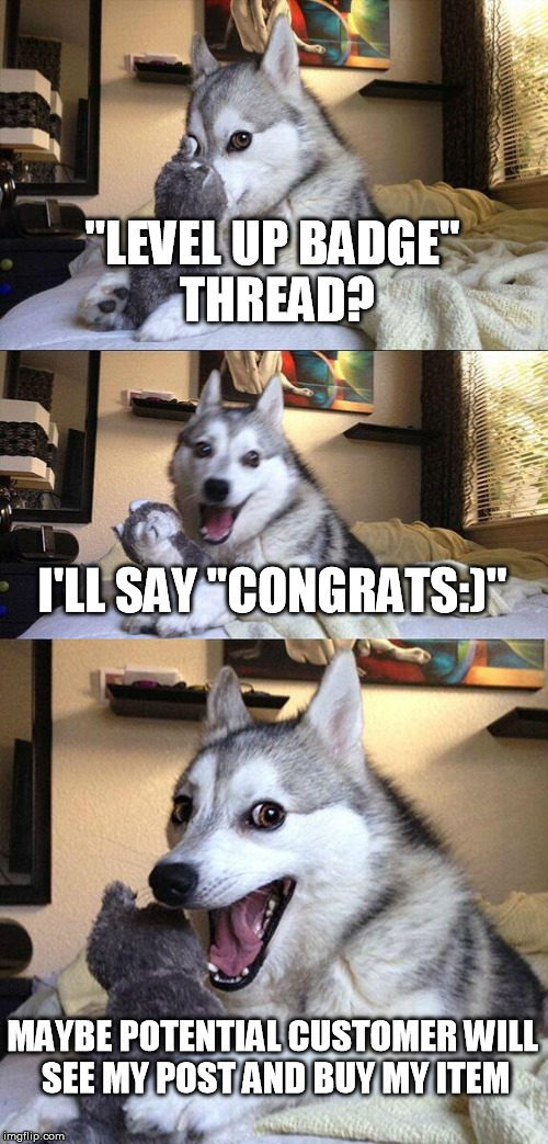 Bad Pun Dog Meme | ''LEVEL UP BADGE'' THREAD? I'LL SAY ''CONGRATS:)'' MAYBE POTENTIAL CUSTOMER WILL SEE MY POST AND BUY MY ITEM | image tagged in memes,bad pun dog | made w/ Imgflip meme maker