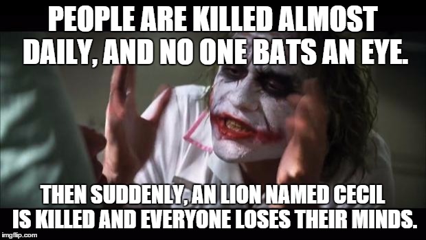 And everybody loses their minds | PEOPLE ARE KILLED ALMOST DAILY, AND NO ONE BATS AN EYE. THEN SUDDENLY, AN LION NAMED CECIL IS KILLED AND EVERYONE LOSES THEIR MINDS. | image tagged in memes,and everybody loses their minds | made w/ Imgflip meme maker