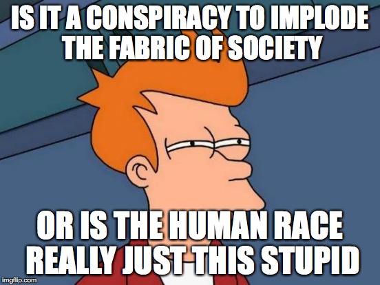 Futurama Fry Meme | IS IT A CONSPIRACY TO IMPLODE THE FABRIC OF SOCIETY OR IS THE HUMAN RACE REALLY JUST THIS STUPID | image tagged in memes,futurama fry | made w/ Imgflip meme maker