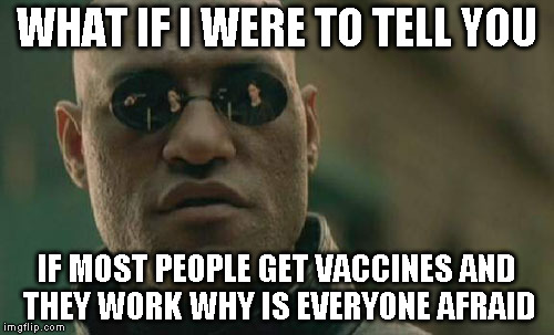 Matrix Morpheus Meme | WHAT IF I WERE TO TELL YOU IF MOST PEOPLE GET VACCINES AND THEY WORK WHY IS EVERYONE AFRAID | image tagged in memes,matrix morpheus | made w/ Imgflip meme maker