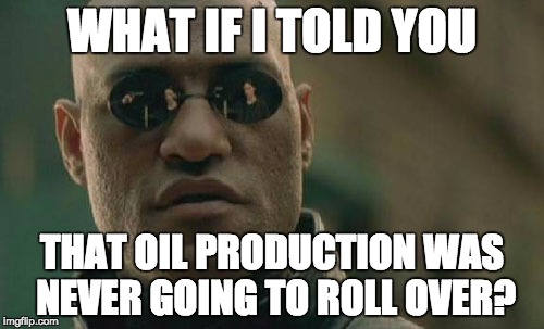 Matrix Morpheus Meme | WHAT IF I TOLD YOU THAT OIL PRODUCTION WAS NEVER GOING TO ROLL OVER? | image tagged in memes,matrix morpheus | made w/ Imgflip meme maker