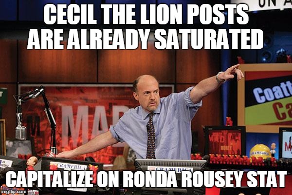 Mad Money Jim Cramer | CECIL THE LION POSTS ARE ALREADY SATURATED CAPITALIZE ON RONDA ROUSEY STAT | image tagged in memes,mad money jim cramer,AdviceAnimals | made w/ Imgflip meme maker